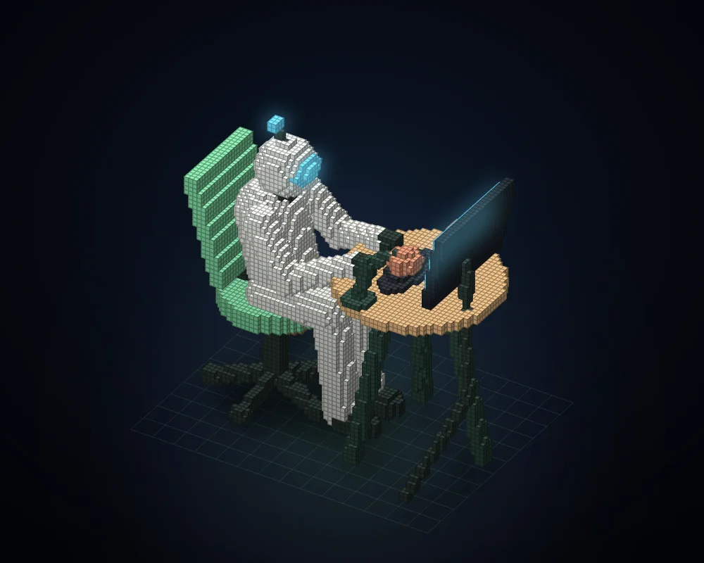 The target: a white robot on a green chair at a round desk with a monitor, lamp, mug and plant