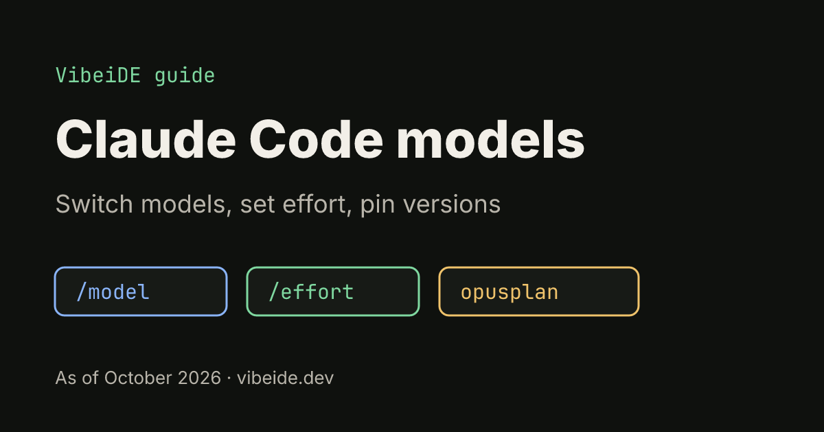 Claude Code models: switch models, set effort, pin versions. Three chips read /model, /effort and opusplan on a dark background.