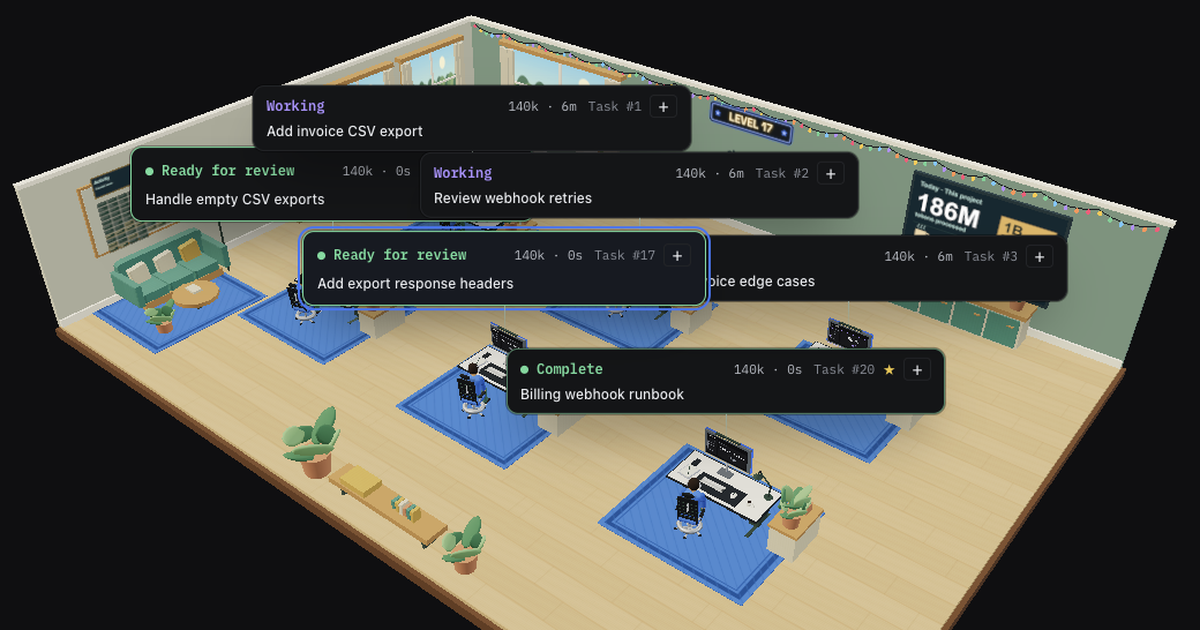 VibeiDE Office view with agents at their desks, task cards above them and a Level 17 sign on the wall