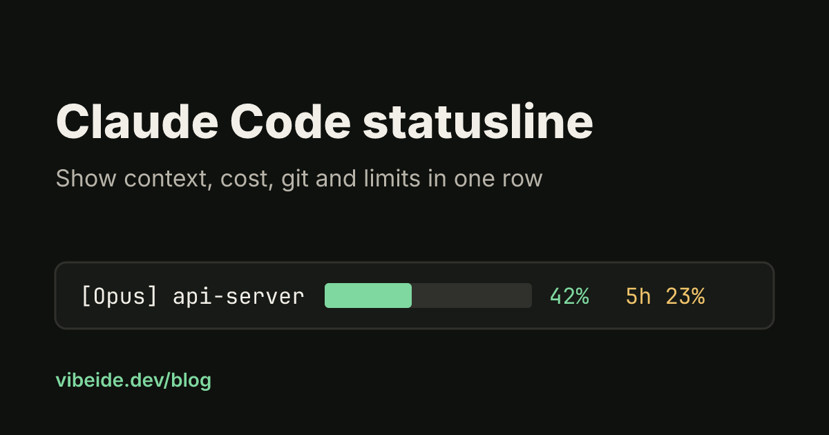 Title card reading Claude Code statusline: show context, cost, git and limits in one row, with a sample status row showing a model, folder and a 42 percent context bar.