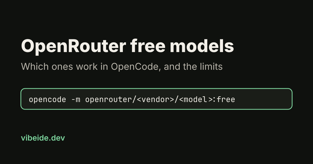 Title card: OpenRouter free models, which ones work in OpenCode and the limits, with the command opencode -m openrouter/vendor/model:free