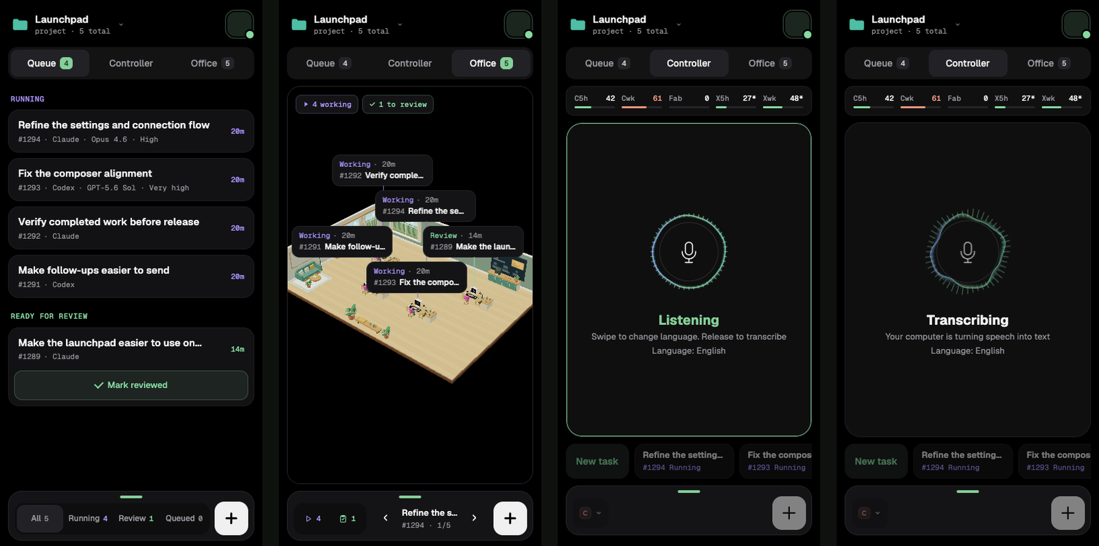 Four phone screens: the Queue with running and review tasks, the Office, the Controller listening and the Controller transcribing