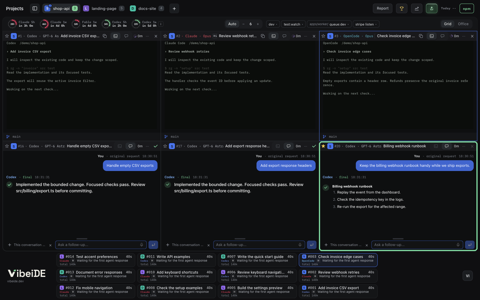 VibeiDE grid with six task sessions side by side; the starred Billing webhook runbook task is highlighted and stays pinned next to the running sessions