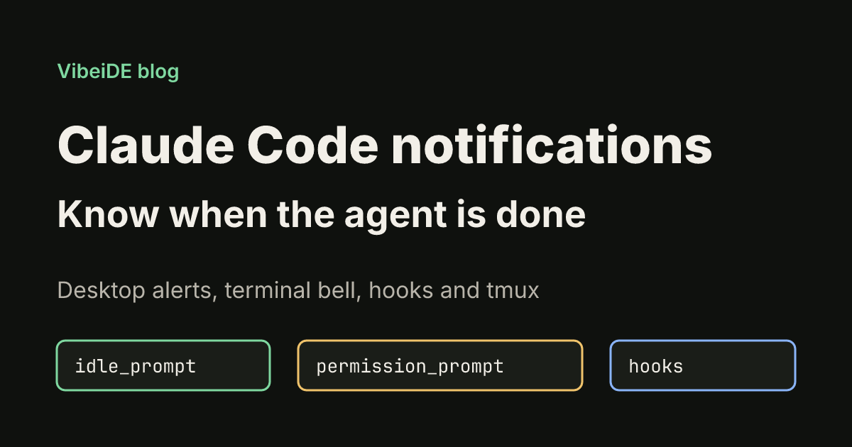 Title card: Claude Code notifications, know when the agent is done, with three labels for idle_prompt, permission_prompt and hooks.
