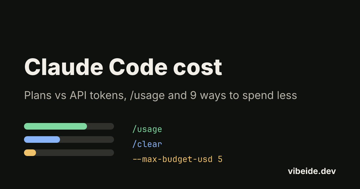 Claude Code cost: plans vs API tokens, /usage and 9 ways to spend less, with three usage bars and the commands /usage, /clear and --max-budget-usd 5