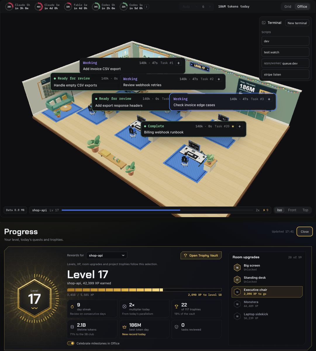 Office view with task cards and a scripts panel, above the Progress panel showing Level 17, XP, streak, trophies and room upgrades