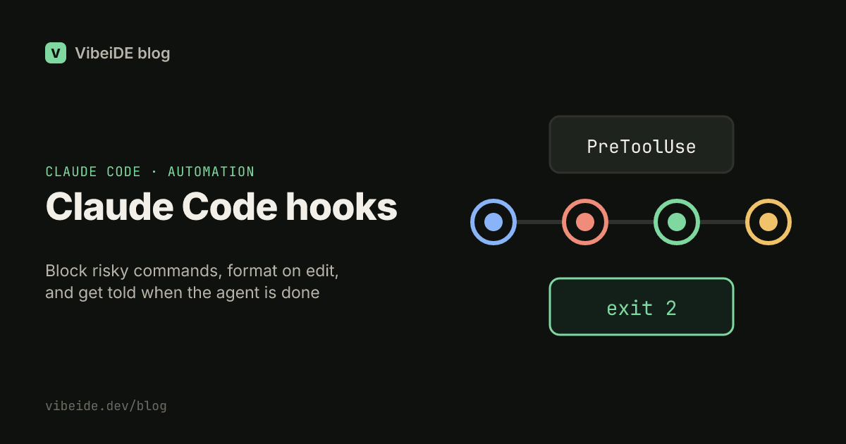 Claude Code hooks title card with lifecycle event dots, a PreToolUse box and an exit 2 badge
