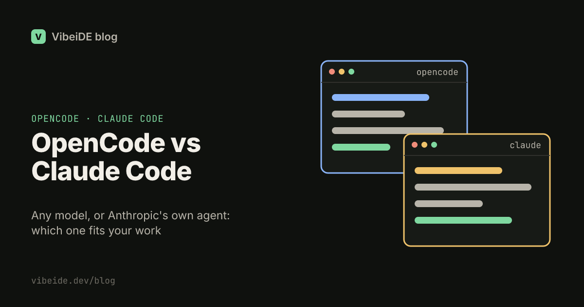 OpenCode vs Claude Code title card with an opencode terminal window overlapping a claude terminal window