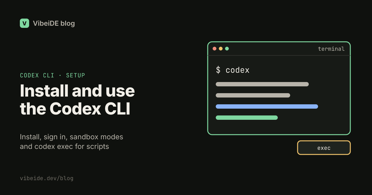 Install and use the Codex CLI title card with a terminal window showing $ codex and an exec badge