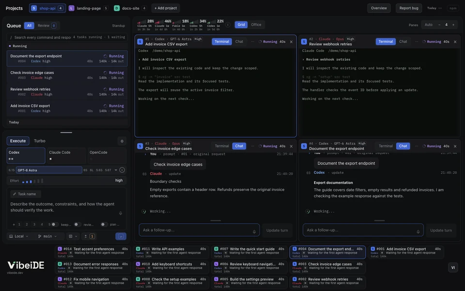 Dörd Grid paneli: terminal rejimində Codex və Claude, söhbət rejimində isə Codex və Claude.