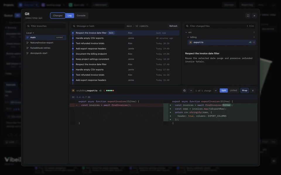 Git pəncərəsində budaqları, kommit tarixçəsini, dəyişdirilmiş faylları və seçilmiş diff-i yoxlayın.