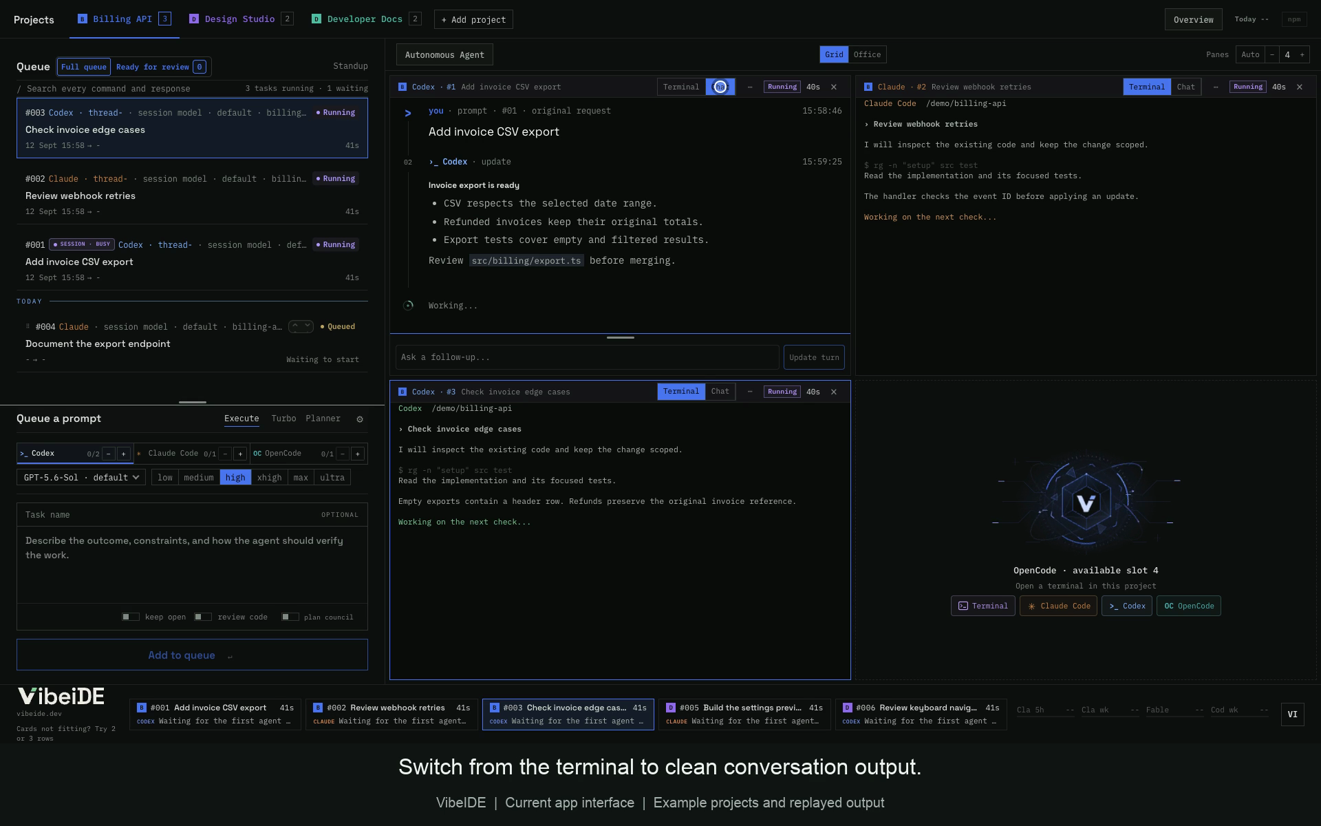 App screenshots with example project data. The app interface is in English.