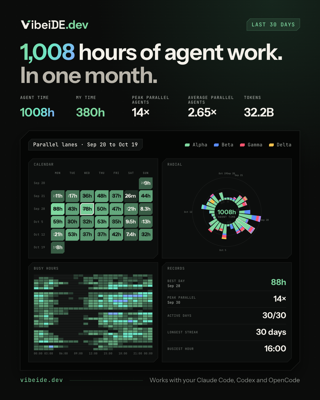 A VibeiDE 30-day usage card with agent time, parallel agents and tokens