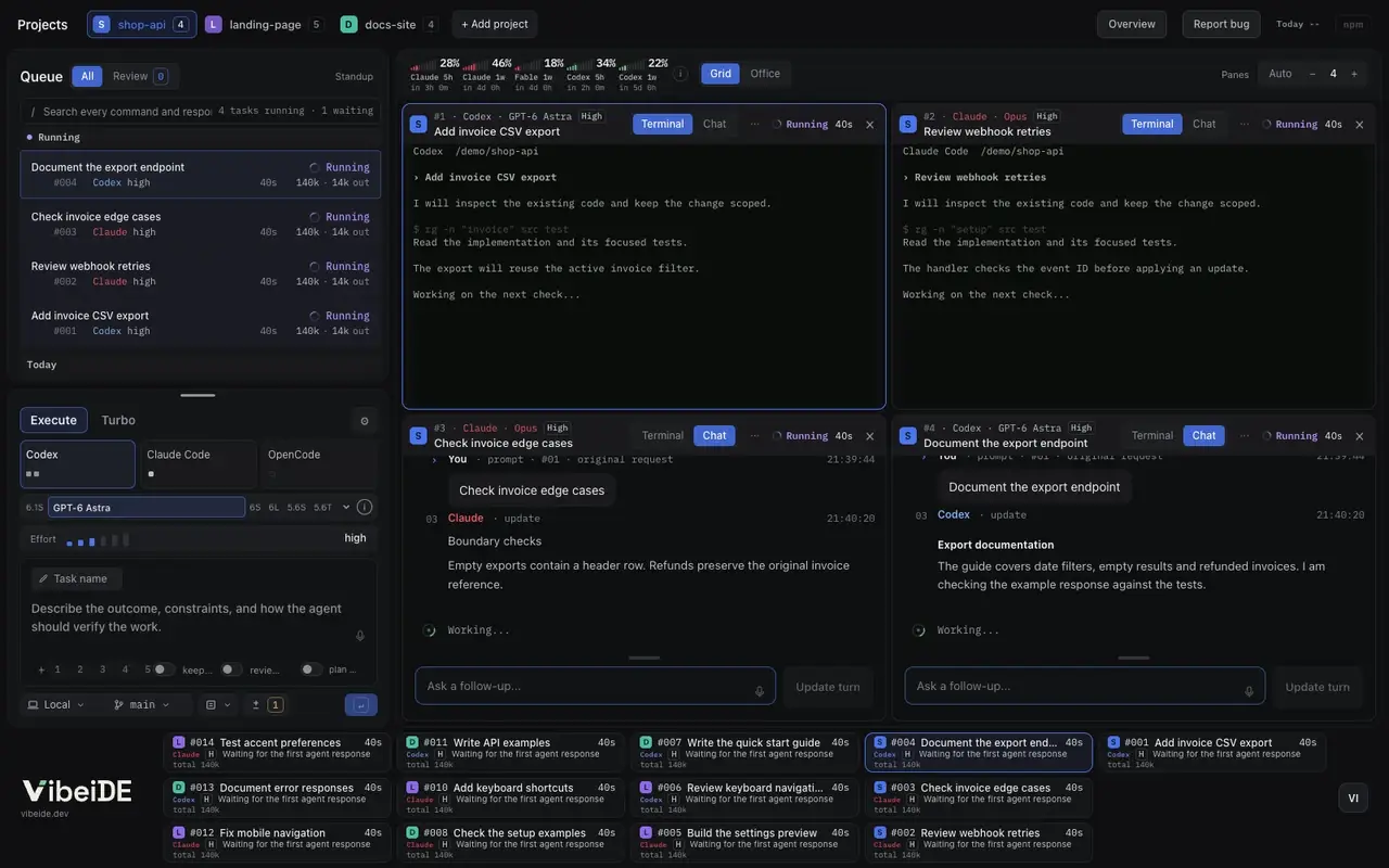 VibeiDE Grid view with four agent terminals running side by side