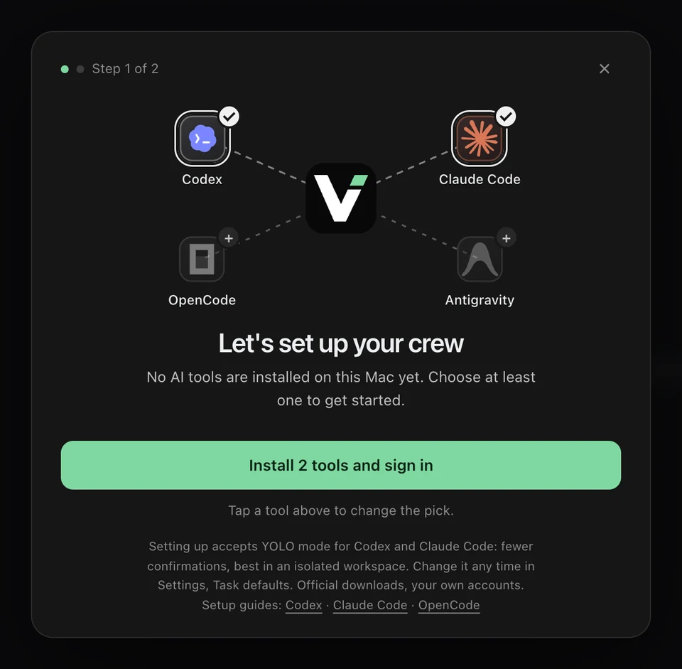 The AI tool setup: Codex and Claude Code are picked around the VibeiDE logo, OpenCode and Antigravity are optional, and one button installs both tools and signs you in.