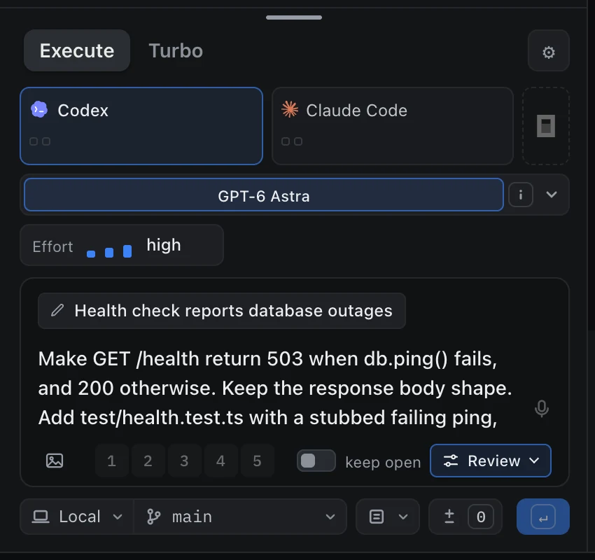 A new task named Health check reports database outages, with a precise prompt, a test to run and Review code turned on.