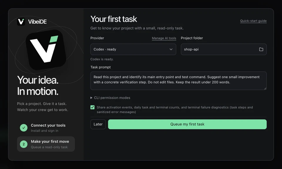 Your first task: Codex is ready, the shop-api folder is chosen, the read-only prompt is filled in and the CLI permission modes are set.