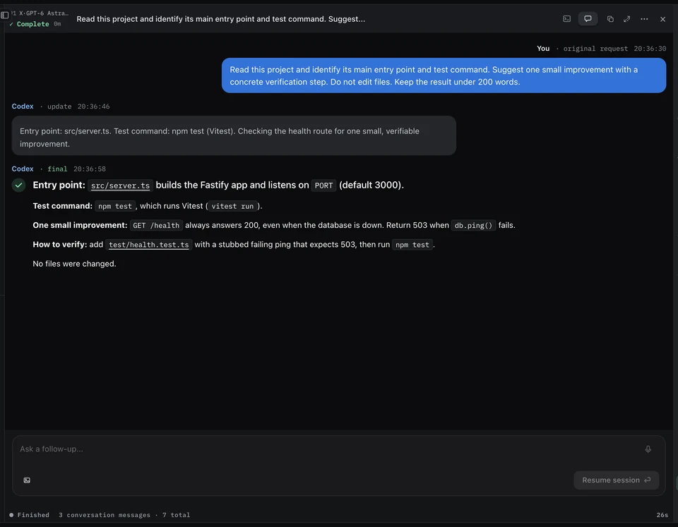The finished task in Chat: your request, then the answer with the entry point, the test command, one small improvement and how to verify it.