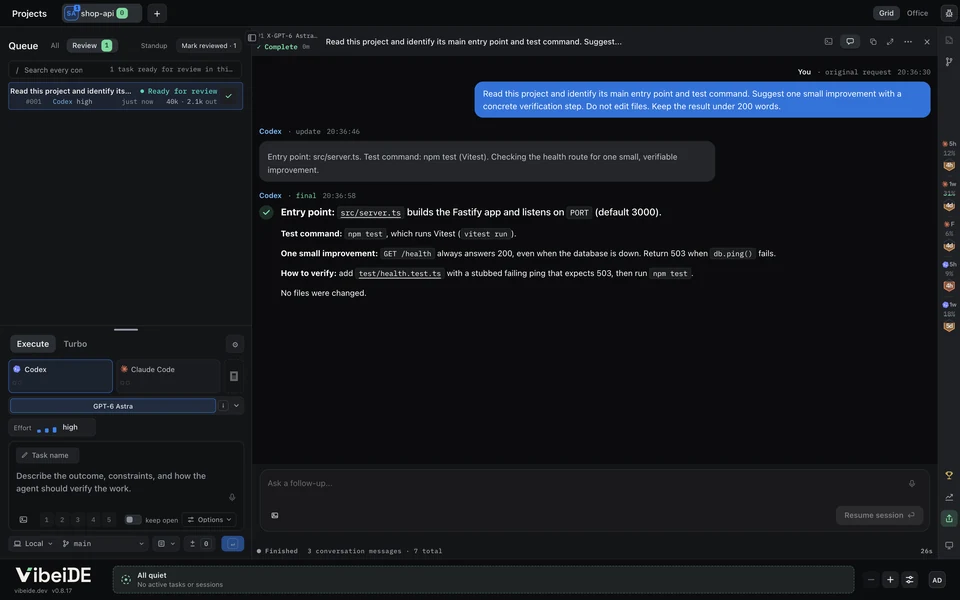 VibeiDE three minutes in: the first task waits in Ready for review, and its answer is open in Chat.
