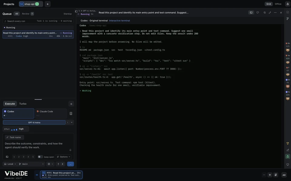 The first task running: its row in the queue on the left and Codex reading the project in its terminal on the right.