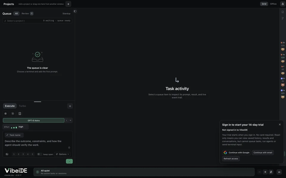 The VibeiDE workspace before sign-in: an empty queue, the task composer, provider usage and the card to start the 14-day trial.