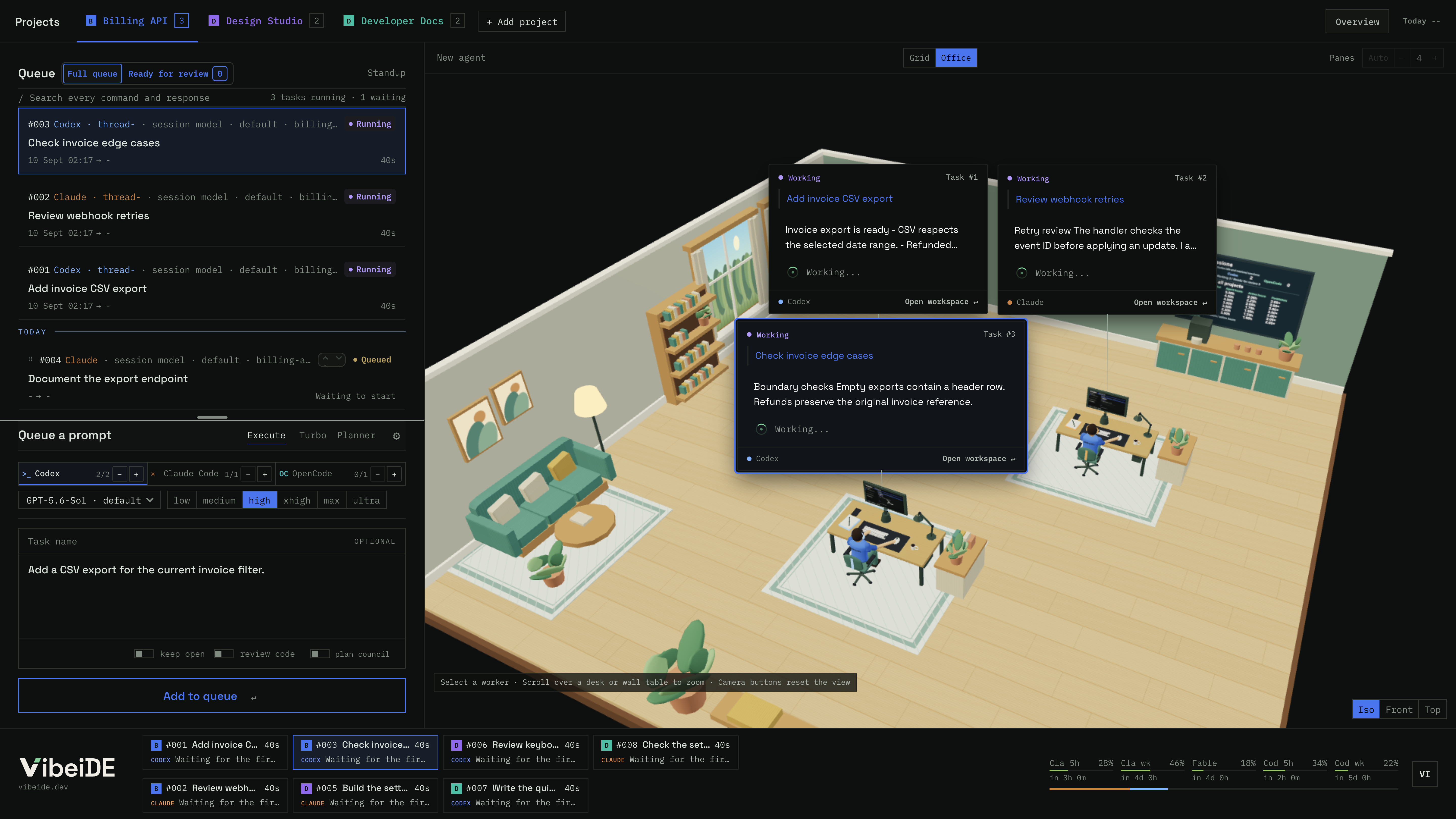 Office view with three AI agents beside the project queue, prompt composer and parallel limits