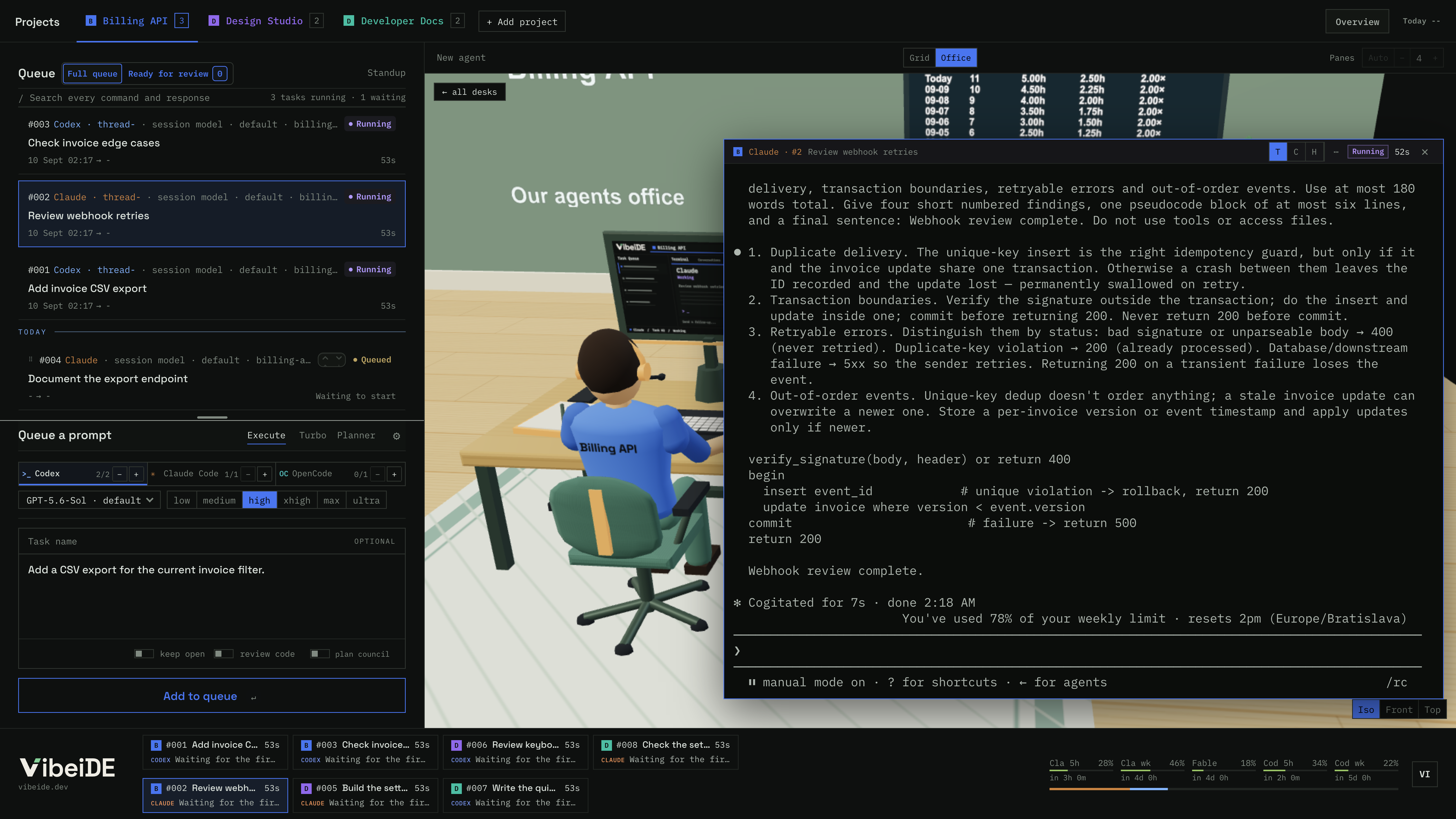 Zoomed Office agent desk with an open real Claude Code terminal reviewing webhook retries