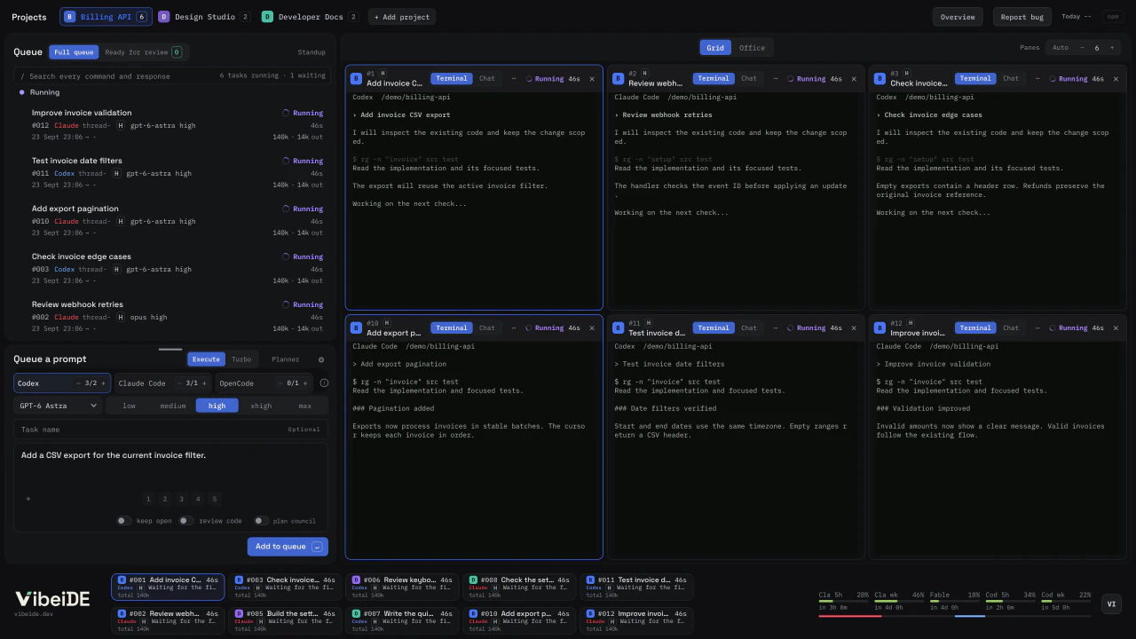 The same grid with the global bar of running tasks and the provider usage meters highlighted