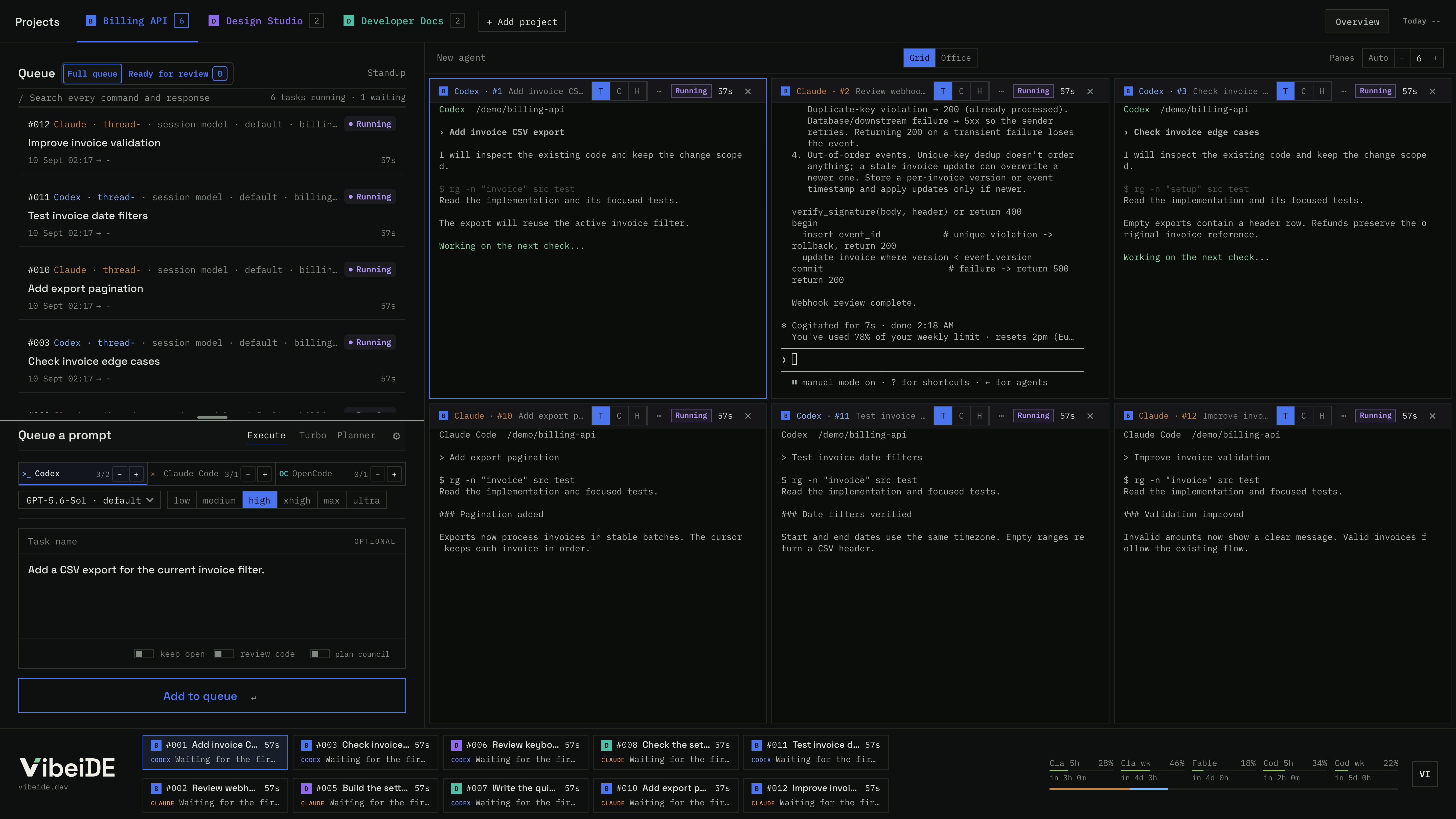Six independent task terminals in a three-column, two-row grid