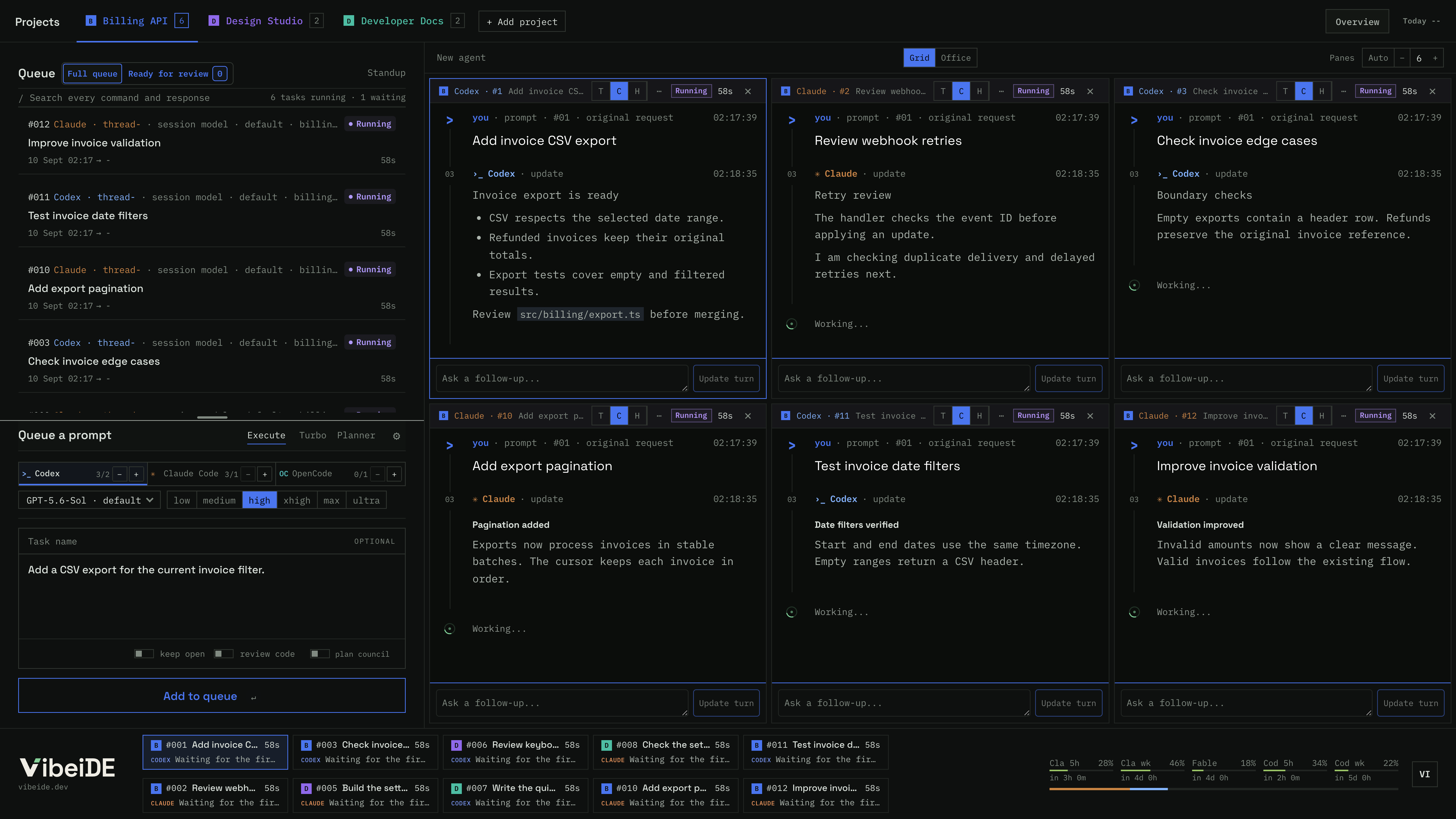 The same six task sessions in a grid of clean Conversations views