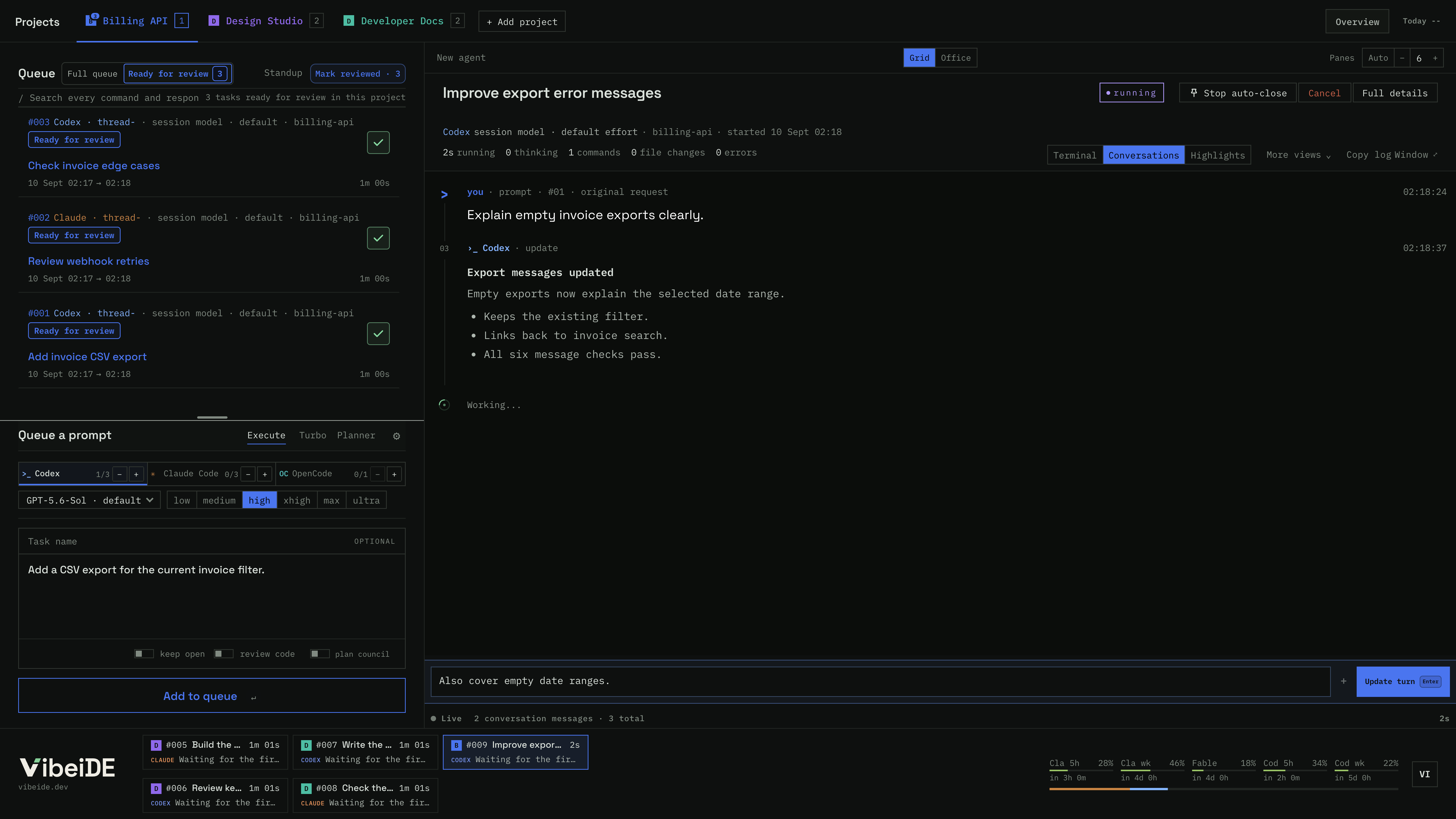 Highlighted Ready for review tasks on the left, saved conversation output and continuation field on the right