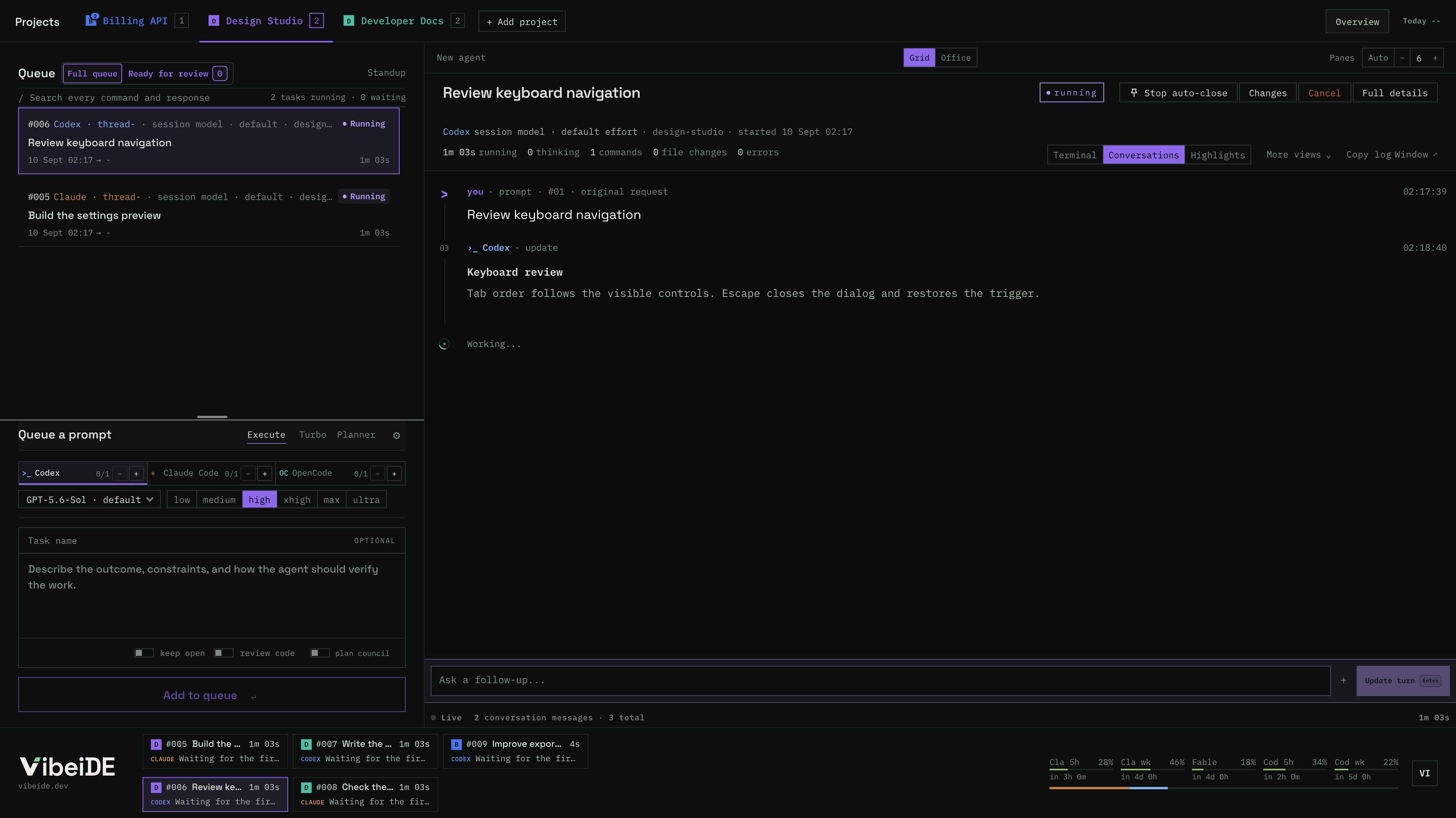 Design Studio selected in purple, beside blue and teal projects, with Git Changes and bottom usage meters